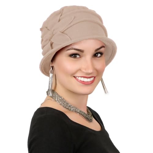 Fleece Flower Cloche Hat for Women Chemo Cancer Ladies Headwear 50+ UPF - color: Camel