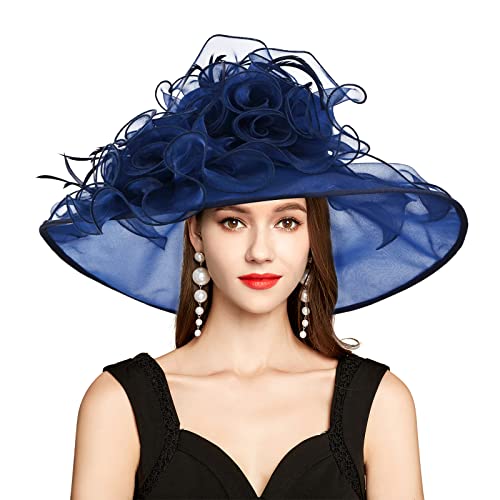 2026 Kentucky Derby Hat for Women Ladies, Organza Veil Feather Fascinator for Tea Party Church UV Protection Sun Hat - color: Classic Blue