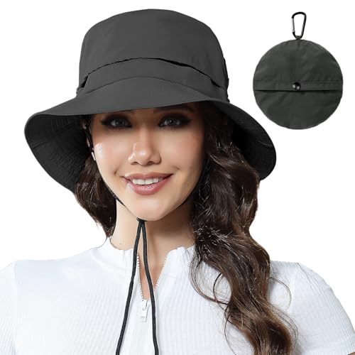 Packable Bucket Hat for Women Waterproof UV Protection Sun Hat - color: Dark Black
