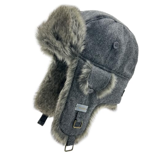 Winter Trapper Hat for Men and Women,Wool Russian Ushanka Aviator Warm Cold Proof Ski Hunting Cycling Winter Hats - color: Grey Herringbone Faux Fur, size: Small-Medium