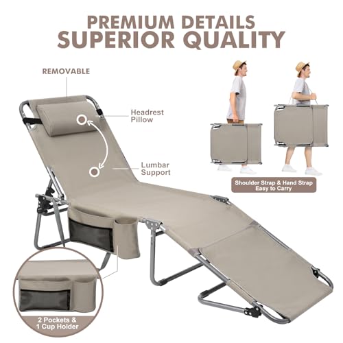 Oversized Extra Wide Tanning Chair with Sun Canopy Face Hole Padded Adjustable Washable, Heavy Duty Layout Folding Lounge Chair for Outside Beach Reading Sunbathing, UPF 50+, XL, Plus Size, 330 LBS - color: Beige, size: Oversized