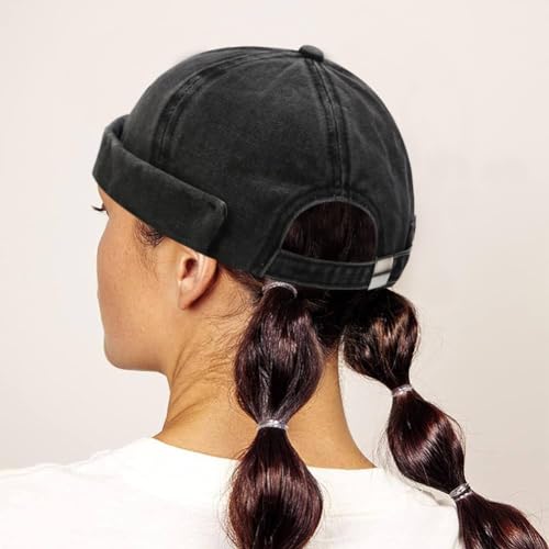 Mens Docker Cap – Brimless Beanie Skull Cap Retro Rolled Cuff Adjustable Cotton - color: Washed Cotton - Black