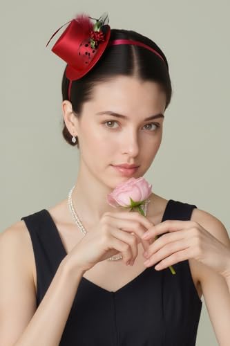 BABEYOND Mini Top Fascinators Hats for Women Feather 1920s Costume Hat - color: Wine Red