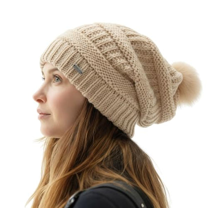 TOP-EX Winter Wool Slouchy Beanie for Women, Warm Faux Fur Pom Hat - color: Beigewhite_fleece Lined