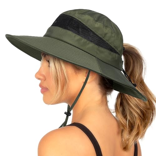 Bucket Sun Hat for Women Wide Brim Breathable Mesh UPF50+ Safari Hat Criss Cross Ponytail Hole Outdoor Rain Hat - color: Army Green