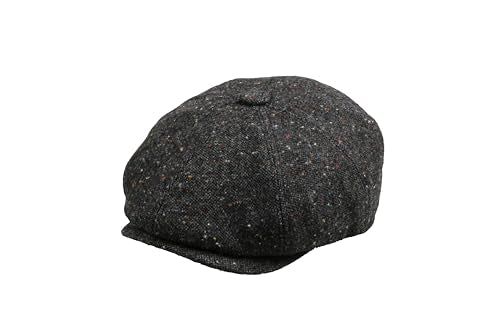 8 Panel Wool Blend Newsboy Cap – Classic Tweed & Herringbone Baker Boy Hat for Men & Women - color: Black Tweed, size: Small