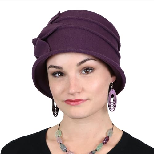 Fleece Flower Cloche Hat for Women Chemo Cancer Ladies Headwear 50+ UPF - color: Plum