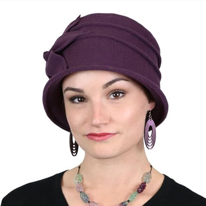 Fleece Flower Cloche Hat for Women Chemo Cancer Ladies Headwear 50+ UPF - color: Plum