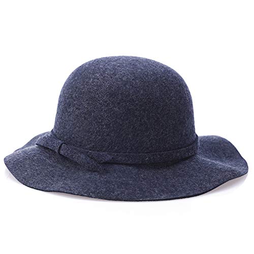Wool Felt Cloche Hat Winter Wide Brim Retro Flower Bowknot Vintage Bucket Hat Floppy Hat for Ladies - color: 3-navy, size: One Size