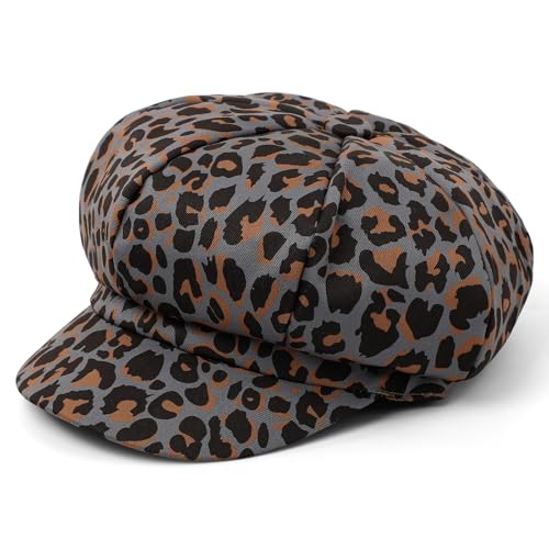 Newsboy Cabbie Baker boy hat Beret Cap for Women Pageboy Visor Paperboy Hat Sailor Fiddler Hat Adjustable - color: Leopard Gray