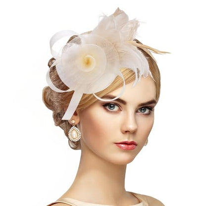 Zinniday Victorian Feather Fascinators Hats - 2025 Derby Attire Headwear with Hairpin,1920s Tea Party Hat for Woman - color: Champagne