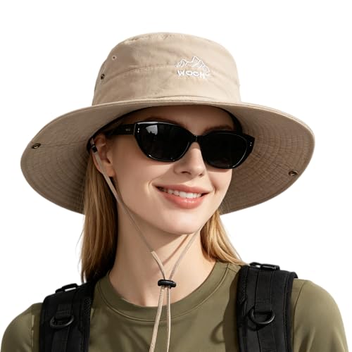 WOOH Sun Hats for Women,UPF80+ Wide Brim Foldable Bucket Hat with Adjustable Chin Strap,Summer Hat for Beach Hiking Gardening - color: Beige