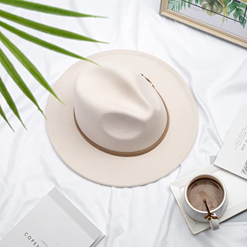 DRESHOW Women Classic Felt Fedora Wide Brim Floppy with Belt Buckle Panama Hat - color: 1 Pack: Creamy (Khaki Belt Buckle) a