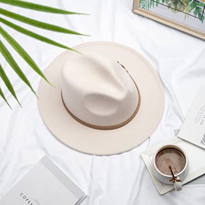DRESHOW Women Classic Felt Fedora Wide Brim Floppy with Belt Buckle Panama Hat - color: 1 Pack: Creamy (Khaki Belt Buckle) a