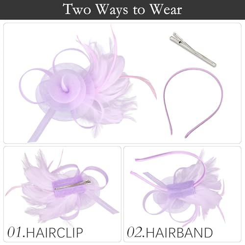 AMCAMI Fascinators Hats with Feather for Women 2026 Derby Hats Small Tea Party Hat with Headband - color: Light Purple