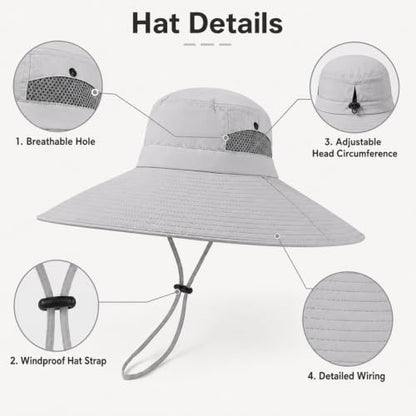 Wide Brim Sun Hat for Men Women UV Protection Bucket Fishing Hats - color: Light Gray Solid