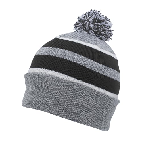 Pacific Headwear Unisex Adult Pacific Headwear Knit Fold Over Pom-pom Beanie - color: Heather/Black/White, size: One Size