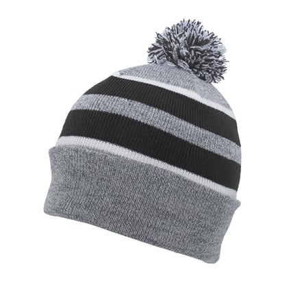Pacific Headwear Unisex Adult Pacific Headwear Knit Fold Over Pom-pom Beanie - color: Heather/Black/White, size: One Size