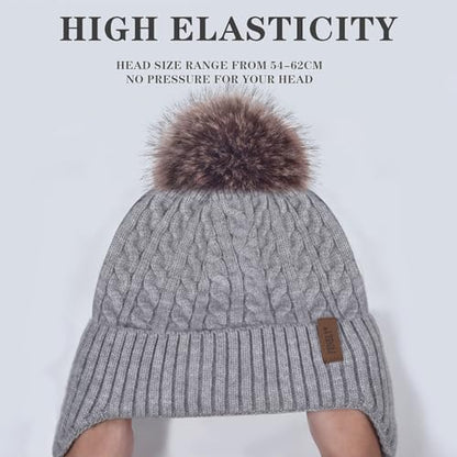FENELY Women's Knitted Warm Beanie Winter Hat, Warm Chunky Snow Hat with Pompom - color: Grey