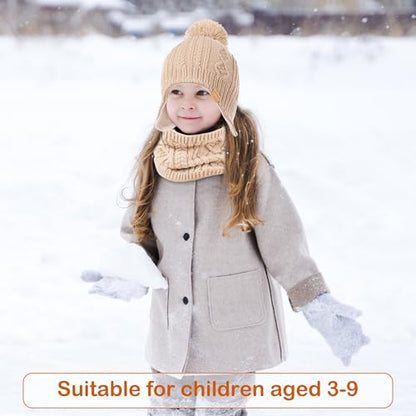 Kids Winter Beanie Hat and Scarf Set with Pom Pom for Girls, Children's Thick Ski Cap with Earflap Fleece Lined Hat 3-9 Years - color: Purple