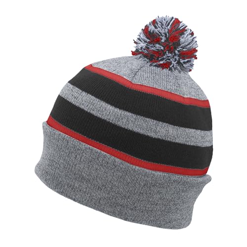 Pacific Headwear Unisex Adult Pacific Headwear Knit Fold Over Pom-pom Beanie - color: Heather/Black/Red, size: One Size