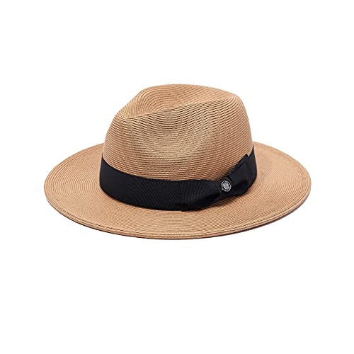 Pineapple&Star Sun Straw Fedora Beach Hat Fine Braid UPF50+ for Unisex - color: Brown_bowbk, size: Large