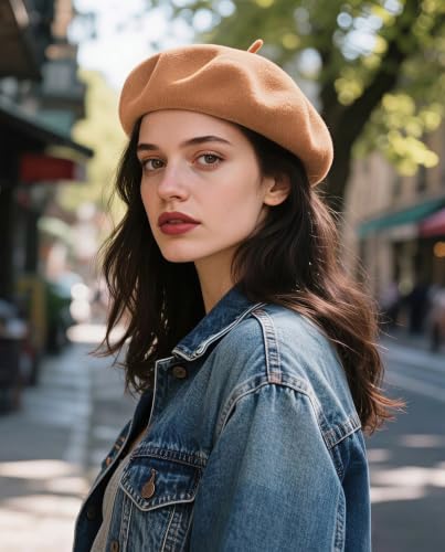 Wool French Beret Hats for Women Classic Winter Beanie Cap - color: Camel