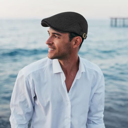 2 Pack Men's Mesh Cap Breathable Summer Newsboy Hat Adjustable Beret Ivy Cap Irish Cabbie Driving Hunting Hats - color: Black/Pink