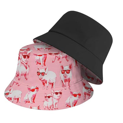 Amasnay Funny Bucket Hat Cotton Double-Side-Wear Reversible Sun Hat for Women Men, Summer Vacation Travel Beach Fisherman Hat - color: Cool Pink Sunglasses Pig
