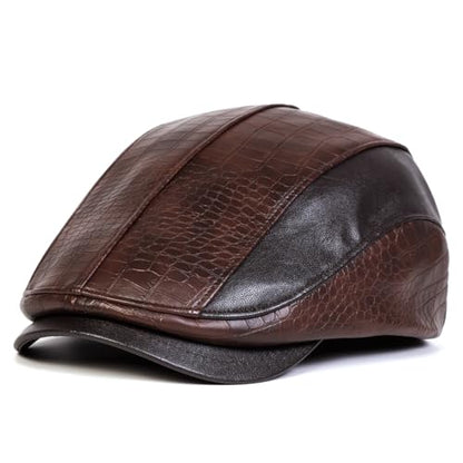 Newsboy Cap for Men, Flat Cap, PU Leather Hat - color: Spliced| Dark Brown