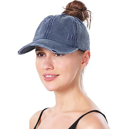 Criss Cross Ponytail Hat Women Washed Distressed Baseball Caps Adjustable High Messy Bun Ponycap - color: B - Denim Navy Blue