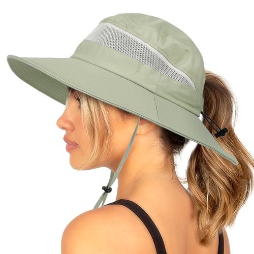Bucket Sun Hat for Women Wide Brim Breathable Mesh UPF50+ Safari Hat Criss Cross Ponytail Hole Outdoor Rain Hat - color: Pea Green