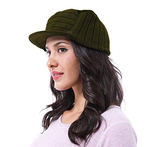 Solaris Army Style Flat Top Knit Cap Beanie WinterHat with Visor, for Women & Men - color: Olive