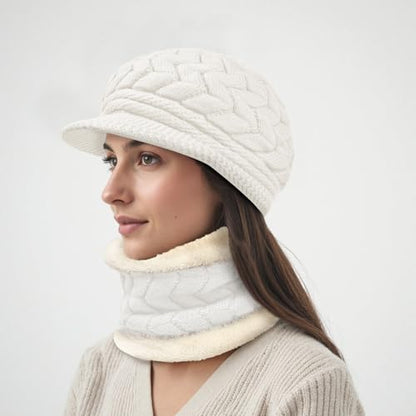 Loritta 3 in 1 Womens Winter Hat Gloves Scarf Set, Warm Hat Mittens - color: White