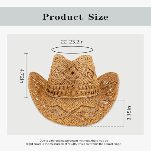 Straw Cowboy Hats for Women/Men Western Cowgirl Hat Foldable Wide Brim Cowboy Hat Travel Vacation Beach Sun Hats - color: Khaki