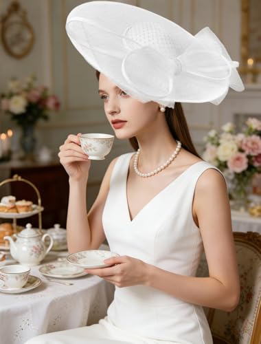 dressfan Wide Brim Fascinator Hats for Women,20s Linen Rhinestones Bow Big Hat for Derby Church Wedding Tea Party - color: White