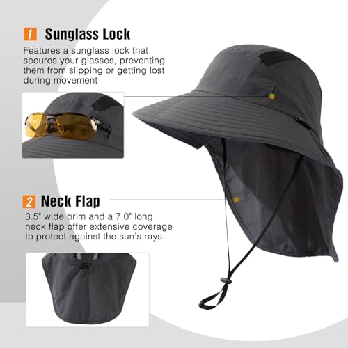 TOP-EX Wide Brim Sun Hat for Men Women with Neck Flap & Sunglass Lock - color: Dark Grey, size: Medium-Large