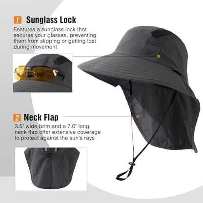 TOP-EX Wide Brim Sun Hat for Men Women with Neck Flap & Sunglass Lock - color: Dark Grey, size: Medium-Large