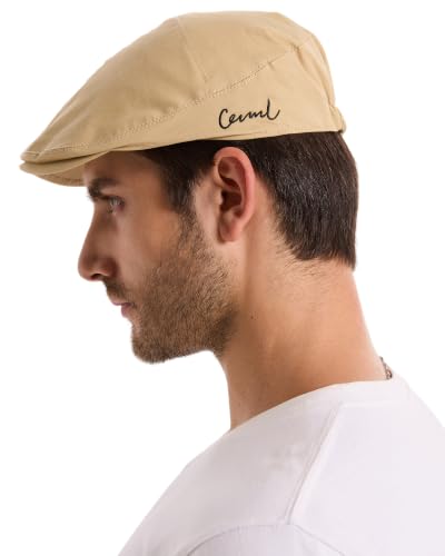 ZLYC Men Cotton Flat Cap Summer Scally Newsboy Beret Driver Hat - color: Solid Beige
