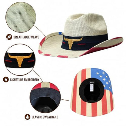 Cattleman Straw Western Cowboy Hat for Men Women, American Flag Hat - size: Medium