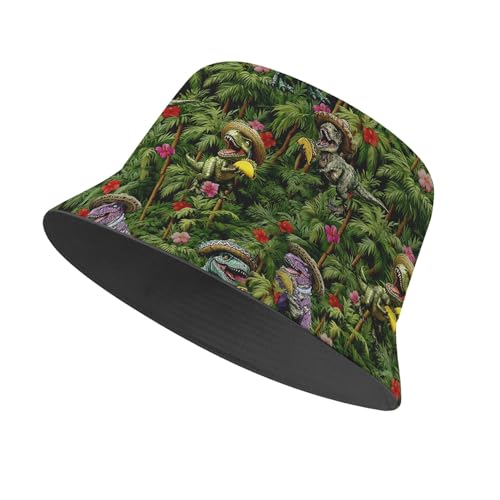 Amasnay Neon Bucket Hat Cotton Double-Side-Wear Reversible Sun Hat for Women Men, Summer Vacation Travel Beach Fisherman Hat - color: Funny Taco Dinosaur