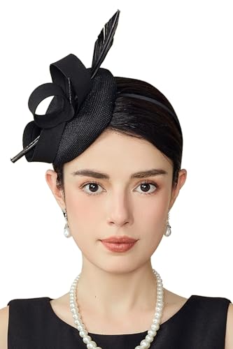 BABEYOND Fascinators Hats for Women Pillbox Feather Derby Tea Party Hat - color: Black