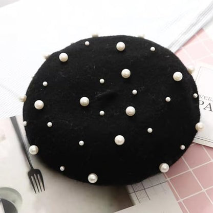 2 Pcs Winter Wool Berets Pearl French Style Beanie Cap Solid Color Winter Hat Beaded Beret Cap for Women and Girls Casual Use （Black, Red）
