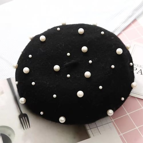 2 Pcs Winter Wool Berets Pearl French Style Beanie Cap Solid Color Winter Hat Beaded Beret Cap for Women and Girls Casual Use （Black, Red）