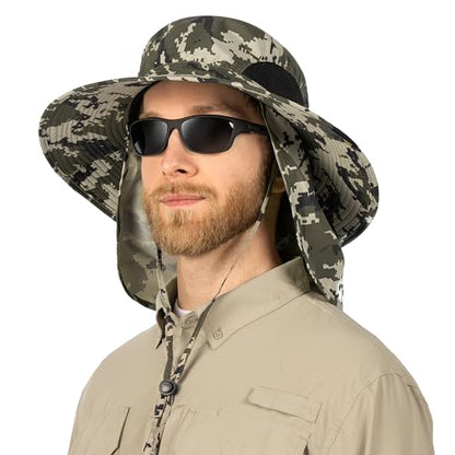 SUN CUBE Wide Brim Sun Hat for Men & Women, UPF 50+ UV Protection, Mesh Boonie Hat with Chin Strap, Fishing Hiking Hat - color: Camo Green With Flap