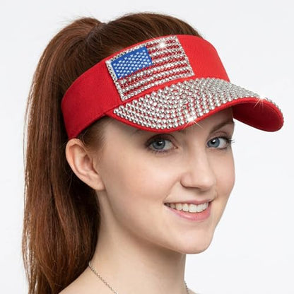 Women Shiny Rhinestone Bling Sun Visor Adjustable Tennis Beach Ponytail Hat - color: Red-usaflag