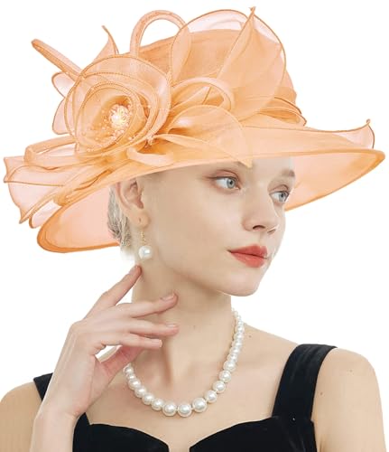 Women's Kentucky Derby Church Dress Hat Wide Brim Leaf Flower Bridal Shower Hat - color: F12-orange