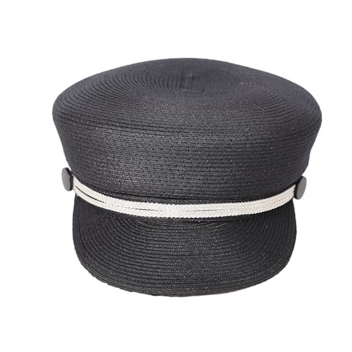 Women's Polyester Straw Newsboy Cap, Gatsby Ivy Style Visor Beach Hat, Adjustable - color: Black