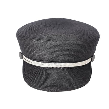 Women's Polyester Straw Newsboy Cap, Gatsby Ivy Style Visor Beach Hat, Adjustable - color: Black