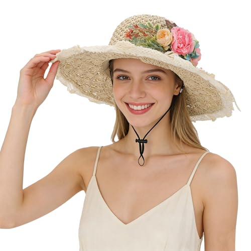 Wide Brim Straw Sun Hats for Women, Elegant Sun Beach Hats with Flower Bow, Adjustable Foldable Summer Vacation Cap - color: Beige